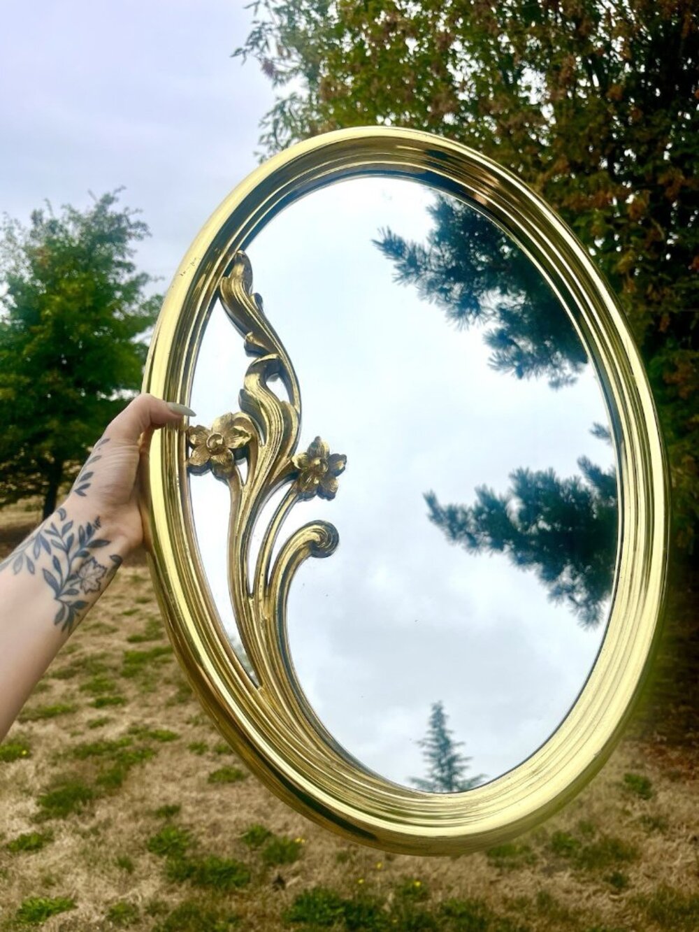 VTG 80s Syroco Gold Oval Wall Mirror Floral Hollywood Regency Art Nouveau Ornate